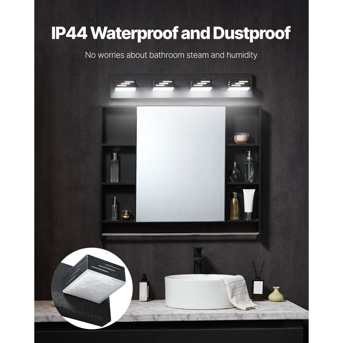4-Light LED Modern Vanity Light Fixtures, 25.59-Inch, Black Finish Bathroom Wall Lighting Fixture Over Mirror, with IP44 Waterproof, for Bathroom, Living Room, Bedroom, Hallway, Cool White 6000K