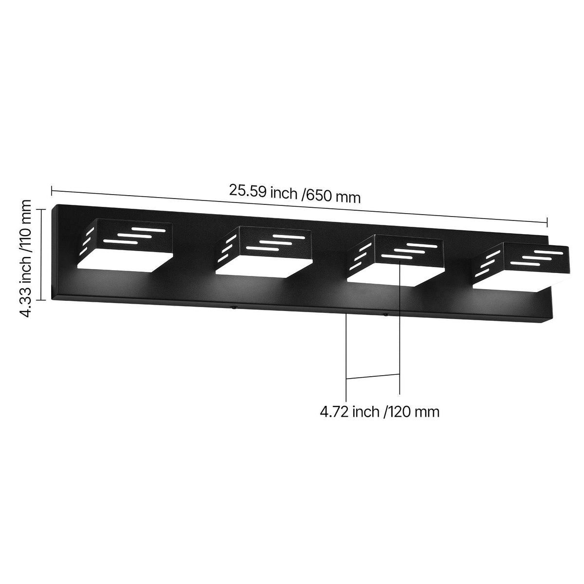 4-Light LED Modern Vanity Light Fixtures, 25.59-Inch, Black Finish Bathroom Wall Lighting Fixture Over Mirror, with IP44 Waterproof, for Bathroom, Living Room, Bedroom, Hallway, Cool White 6000K
