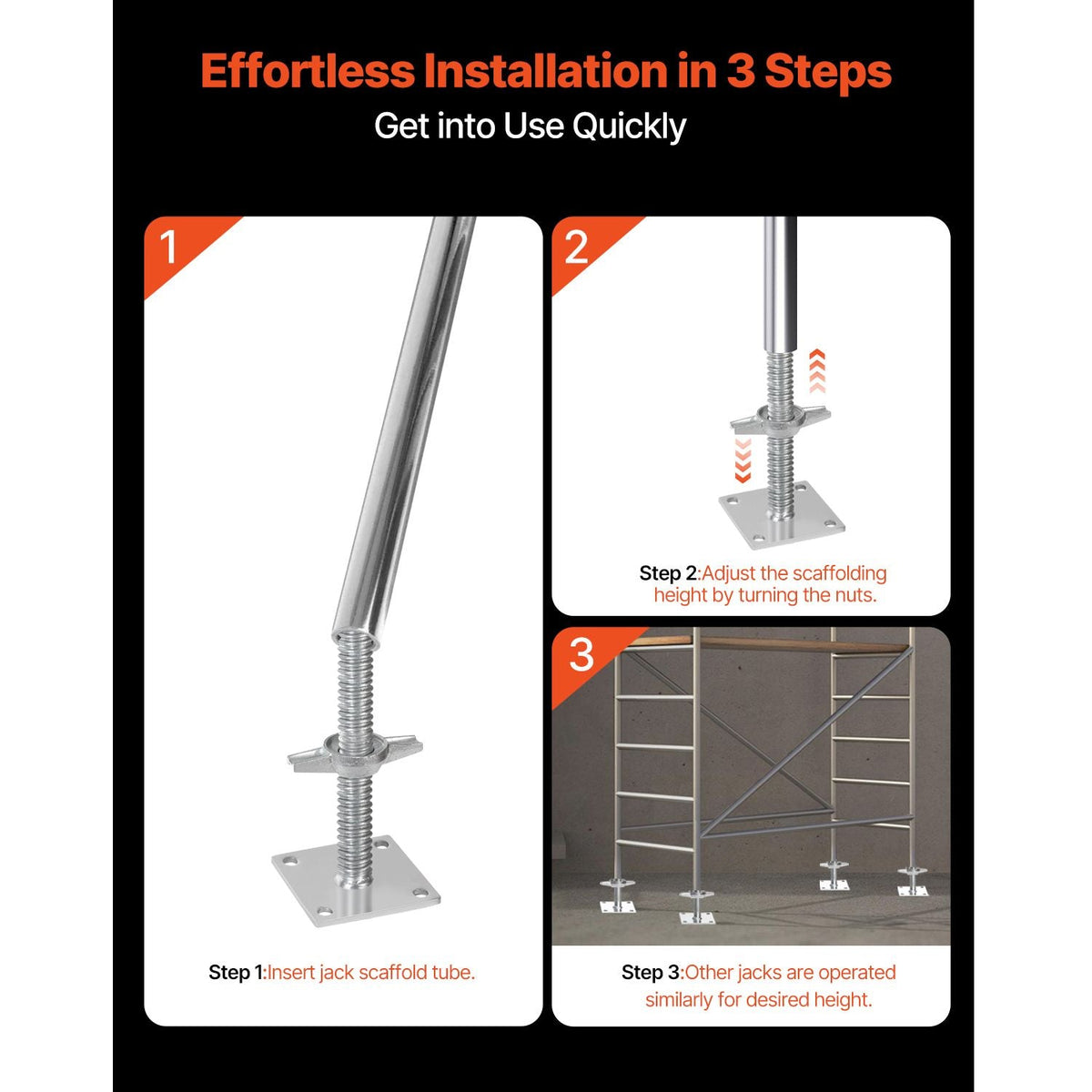 4-Pack Adjustable Leveling Jacks, 18.2 In Adjustable Height & 3307lbs/1500kg Total Load Capacity Scaffold Jacks Feet, Solid Carbon Steel Screw Jacks for Baker-Style Scaffolding Equipment, Silver