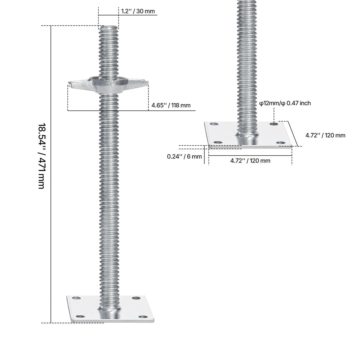 4-Pack Adjustable Leveling Jacks, 18.2 In Adjustable Height & 3307lbs/1500kg Total Load Capacity Scaffold Jacks Feet, Solid Carbon Steel Screw Jacks for Baker-Style Scaffolding Equipment, Silver