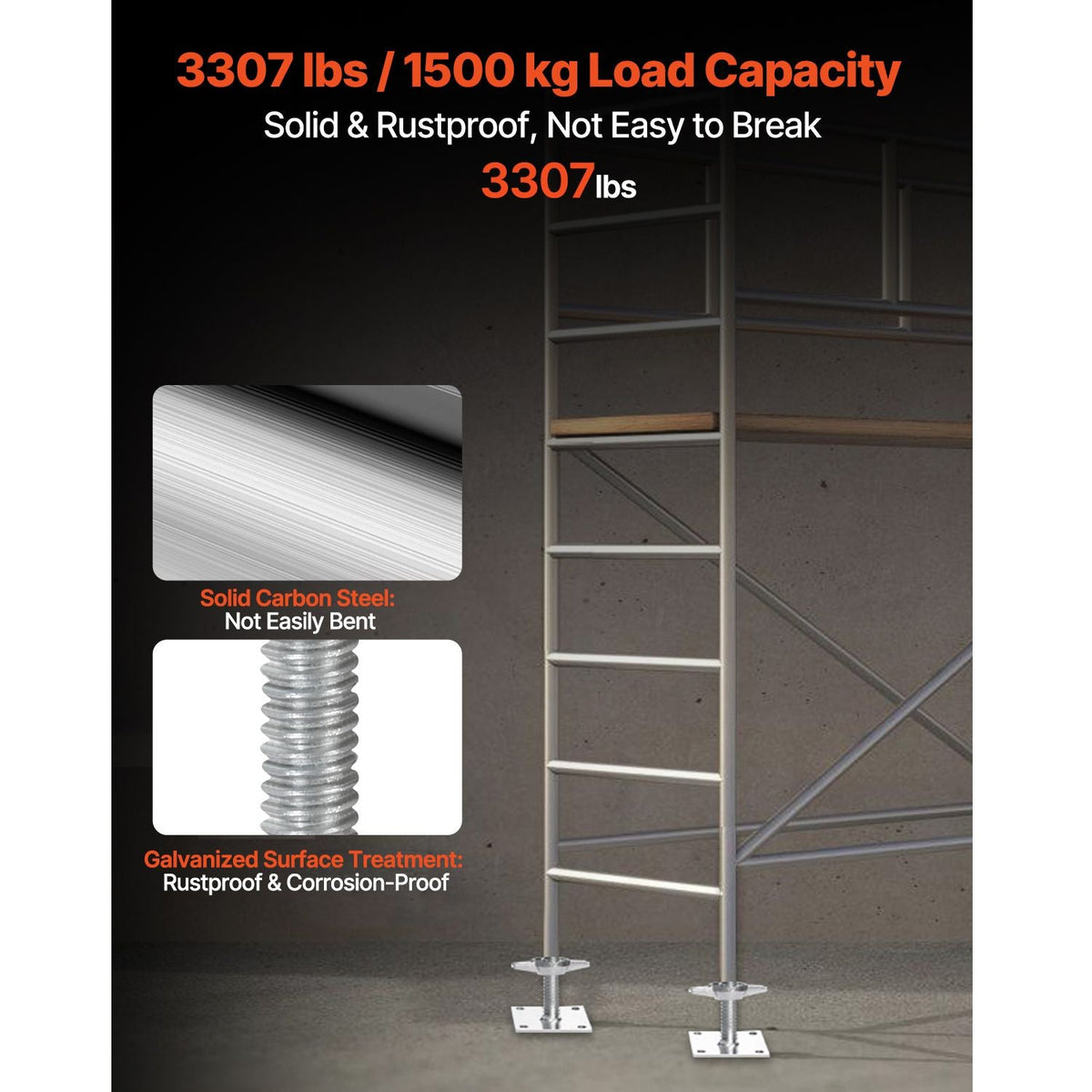 4-Pack Adjustable Leveling Jacks, 18.2 In Adjustable Height & 3307lbs/1500kg Total Load Capacity Scaffold Jacks Feet, Solid Carbon Steel Screw Jacks for Baker-Style Scaffolding Equipment, Silver