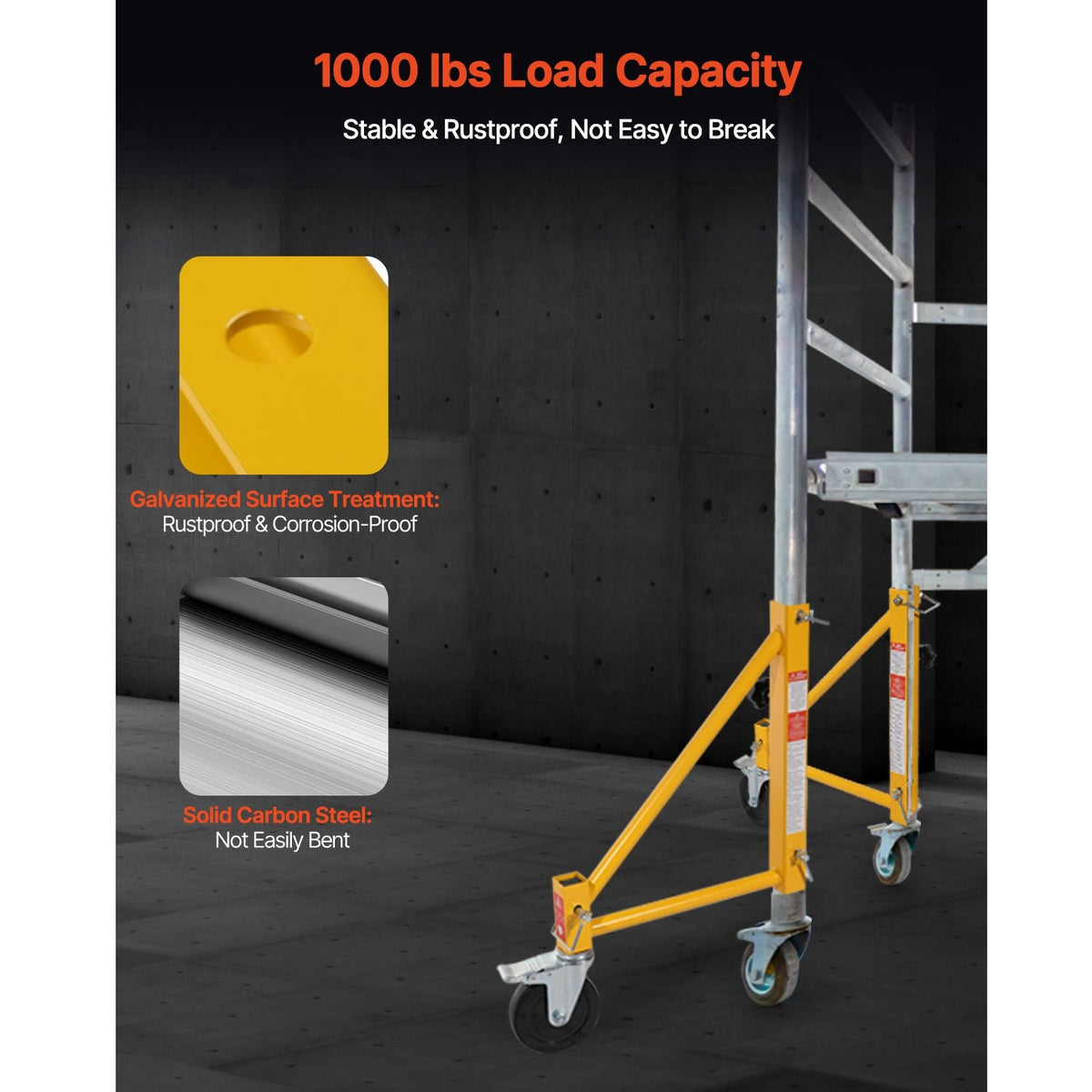 4-Pack Scaffold Outriggers, 1000 lbs Total Load Capacity Baker-Style Scaffolding Accessory with Swivel Casters, Carbon Steel Scaffold Wheel System with Rust Proof Galvanized Surface, Yellow