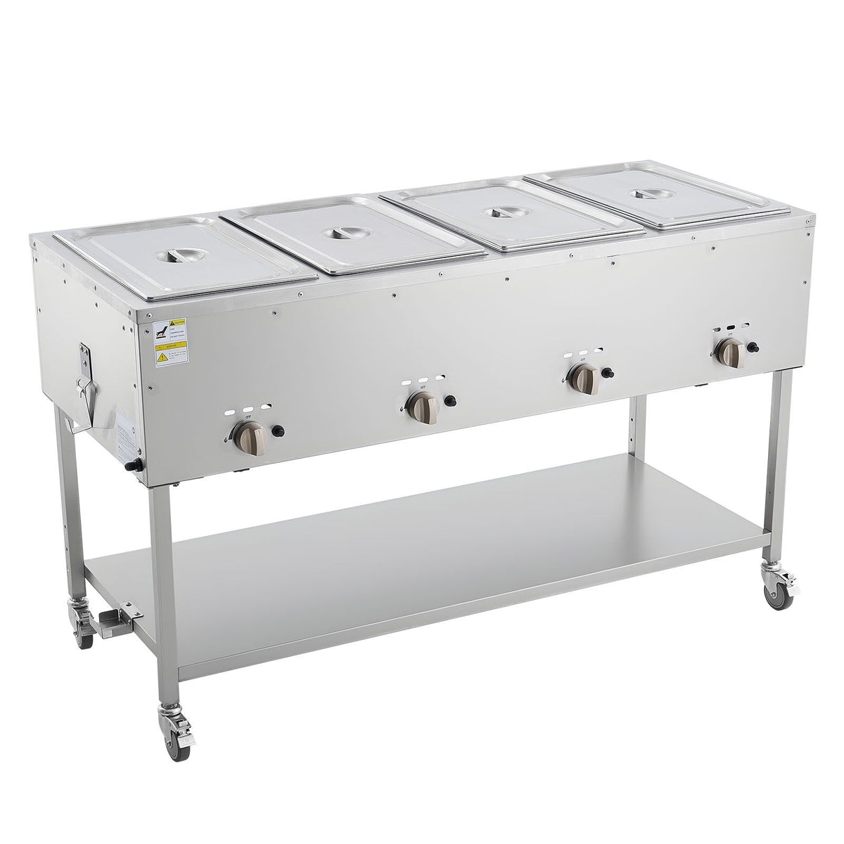 4-Pan Commercial Propane Steam Table, LP Gas Outdoor Soup Warmer with Drain Valve and 3" Wheels, Stainless Steel Propane Food Warmer with Independent Temp Control, for Restaurant Outdoor Camping