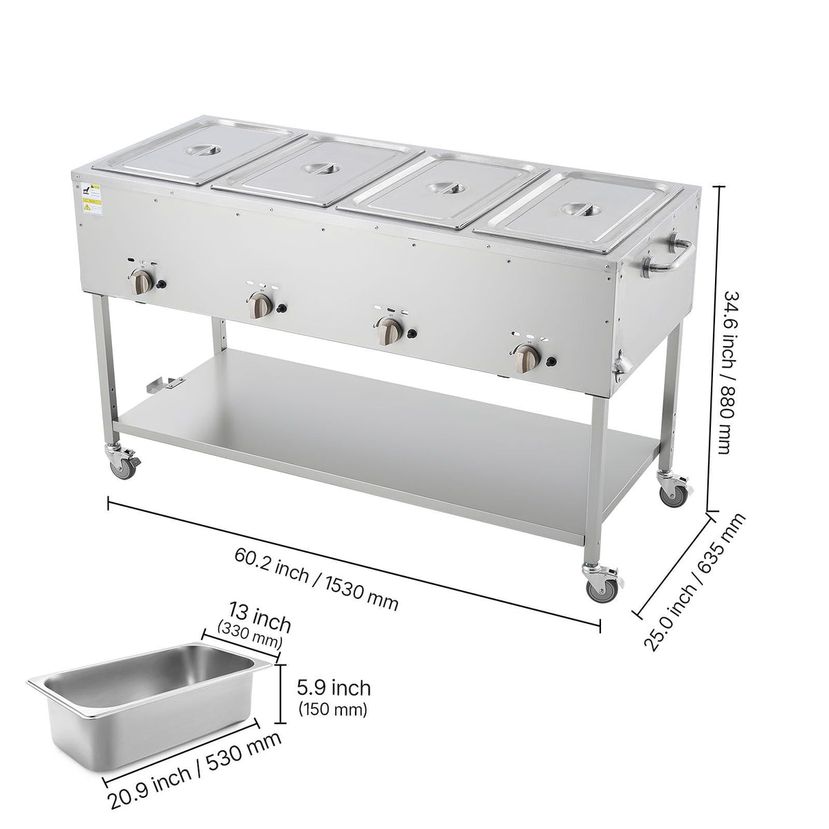 4-Pan Commercial Propane Steam Table, LP Gas Outdoor Soup Warmer with Drain Valve and 3" Wheels, Stainless Steel Propane Food Warmer with Independent Temp Control, for Restaurant Outdoor Camping