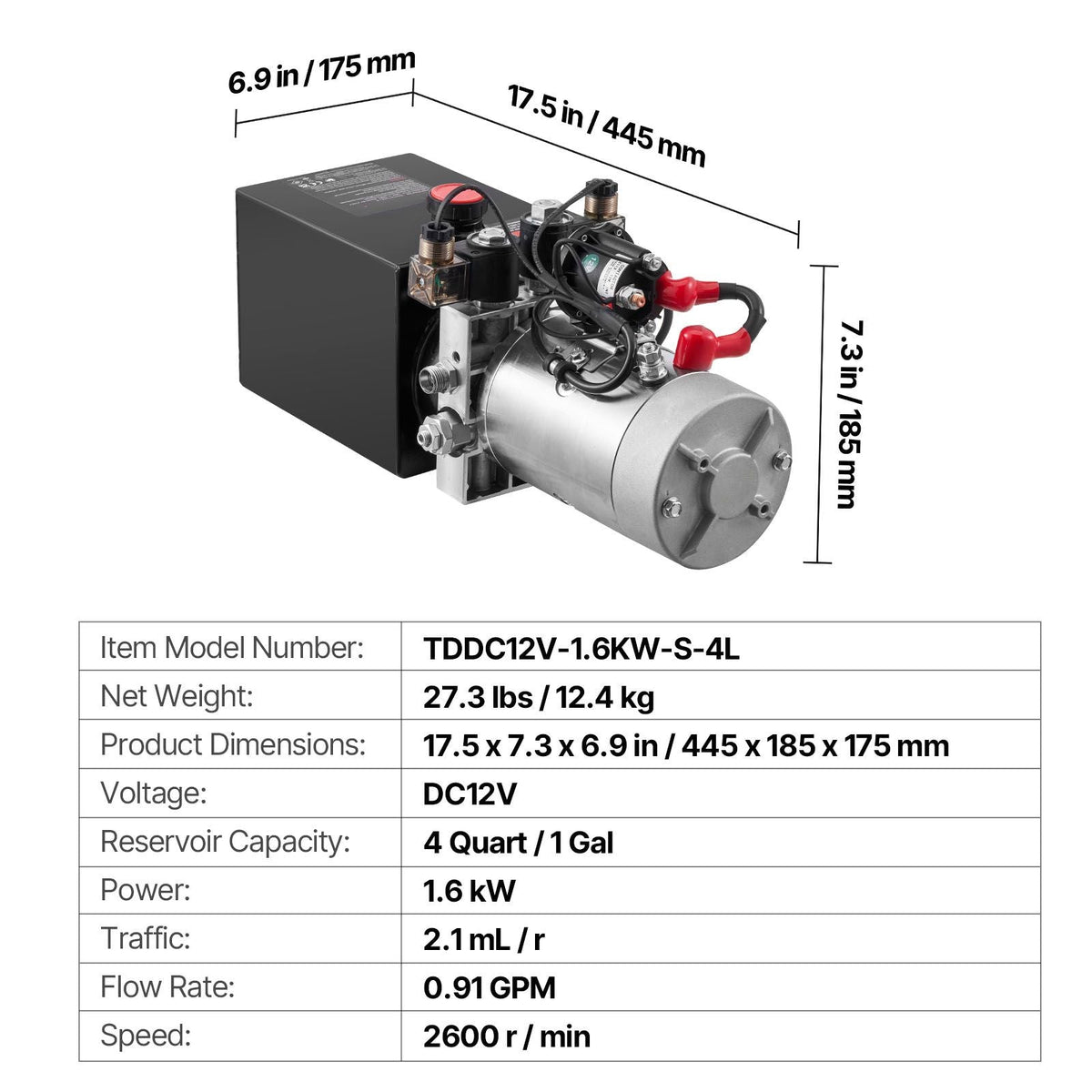 4 Quart Hydraulic Power Unit, Double Acting Dump Trailer Pump, 3200 PSI Max Relief Pressure & 0.91 GPM Flow Rate, DC 12V Hydraulic Pump with Metal Reservoir for Dump Trailer Car Lifting, Black