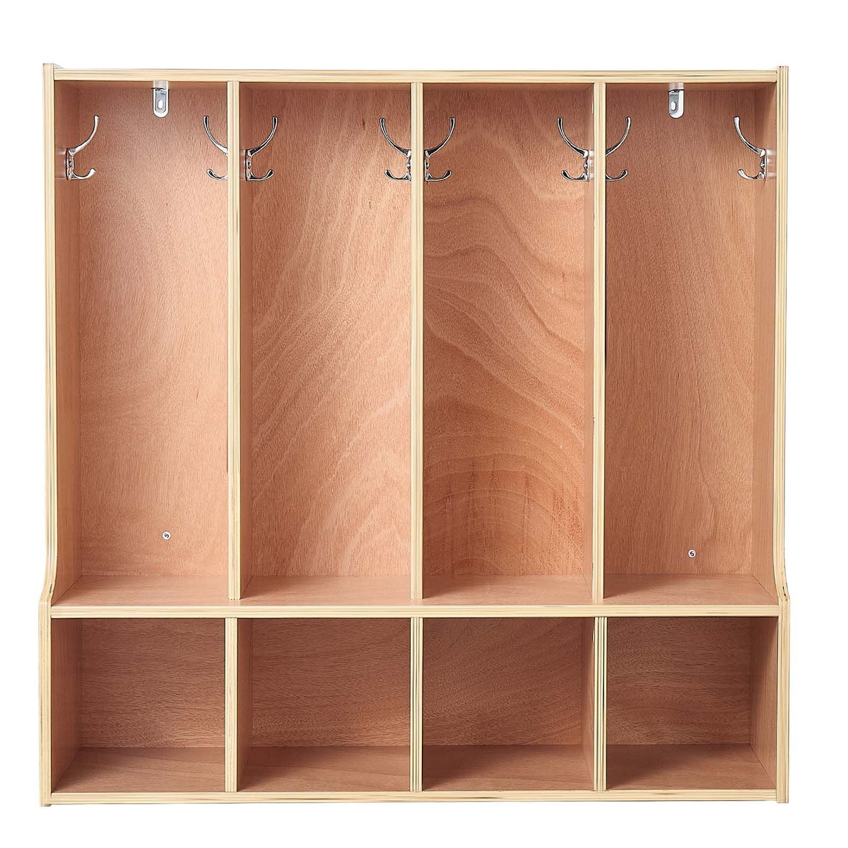 4-Section Kids Coat Locker, Wooden Toddler Cubby Storage Organizer with 8 Hooks & Non-Slip Mat, Modern Kid Coat Cubbies with 4 Small Open Storage Boxes for Home, Kindergarten, Daycare, Natural