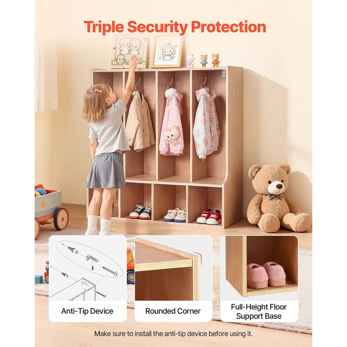 4-Section Kids Coat Locker, Wooden Toddler Cubby Storage Organizer with 8 Hooks & Non-Slip Mat, Modern Kid Coat Cubbies with 4 Small Open Storage Boxes for Home, Kindergarten, Daycare, Natural