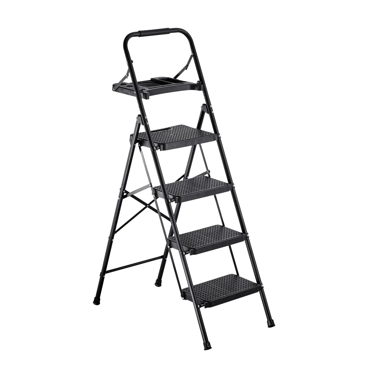 4 Step Ladder, Folding Step Stool with Wide Anti-Slip Pedal, Tool Tray, Comfort Handgrip, 600 lbs Capacity Portable Steel Ladder, Multi-Use for Kitchen, Home, Household and Office, Black
