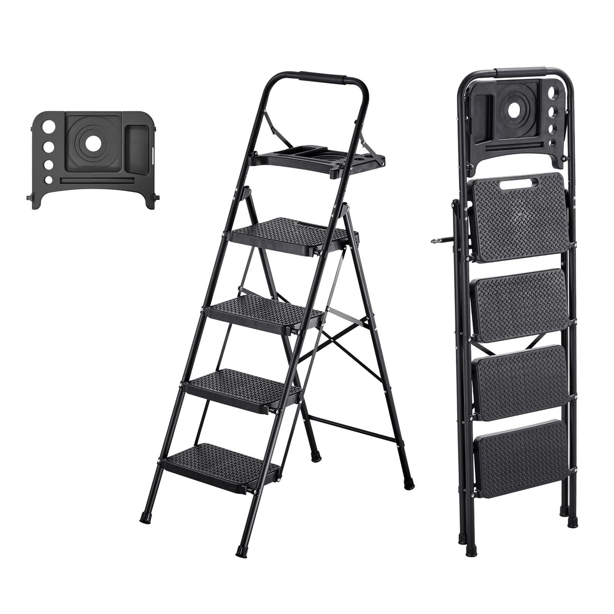 4 Step Ladder, Folding Step Stool with Wide Anti-Slip Pedal, Tool Tray, Comfort Handgrip, 600 lbs Capacity Portable Steel Ladder, Multi-Use for Kitchen, Home, Household and Office, Black