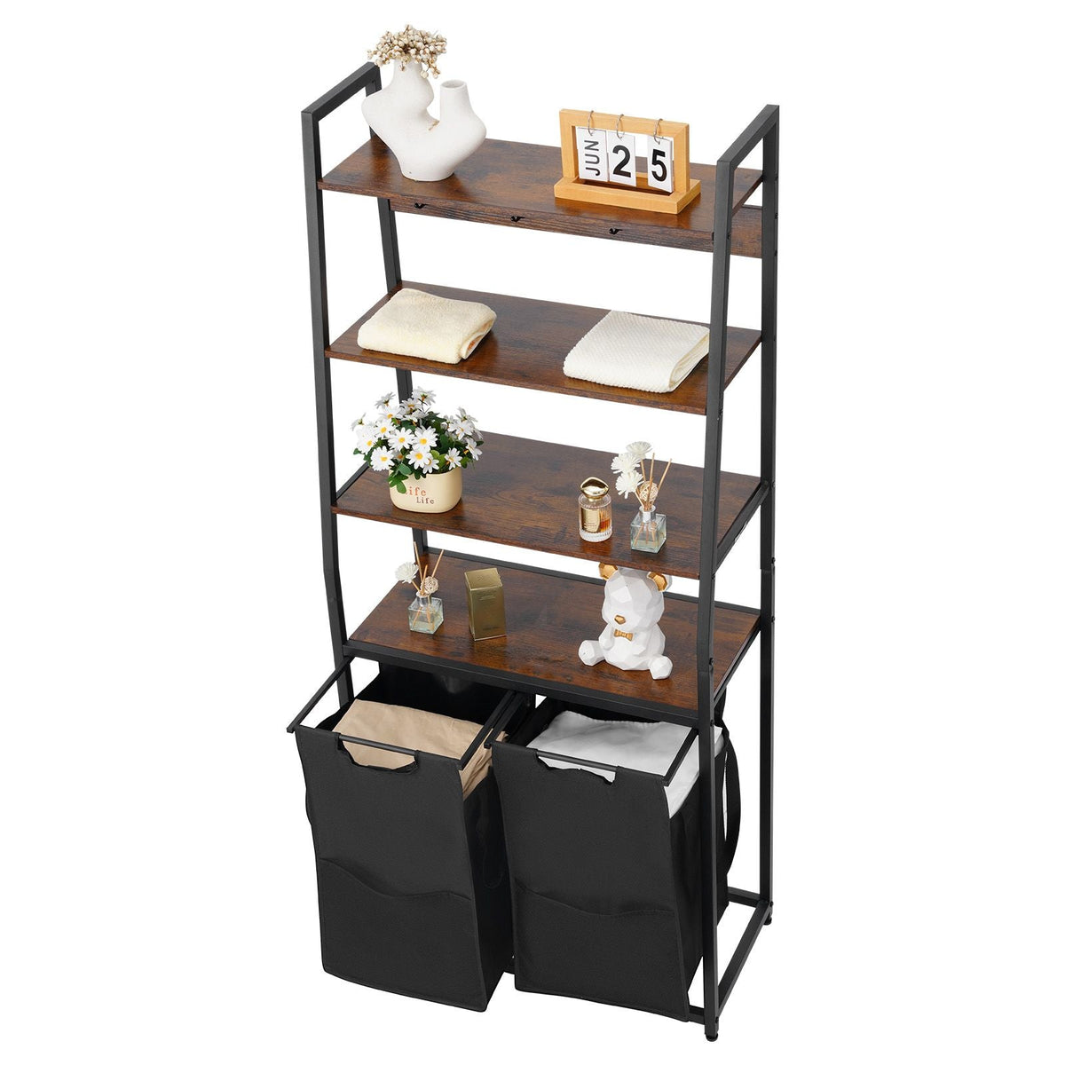 4 Tiers Laundry Sorter, Tall Laundry Hamper with Shelves and Hooks, 2 Section Freestanding Basket Organizer Storage with 600D Oxford Cloth Bags and Ladder Shelves for Dirty Clothes, Bathroom