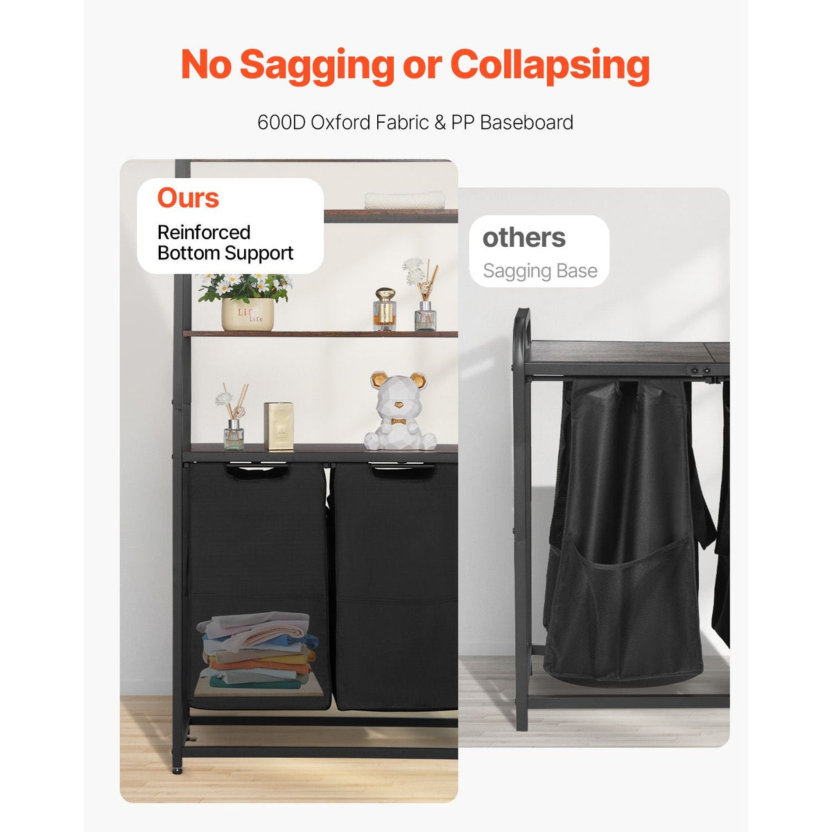 4 Tiers Laundry Sorter, Tall Laundry Hamper with Shelves and Hooks, 2 Section Freestanding Basket Organizer Storage with 600D Oxford Cloth Bags and Ladder Shelves for Dirty Clothes, Bathroom