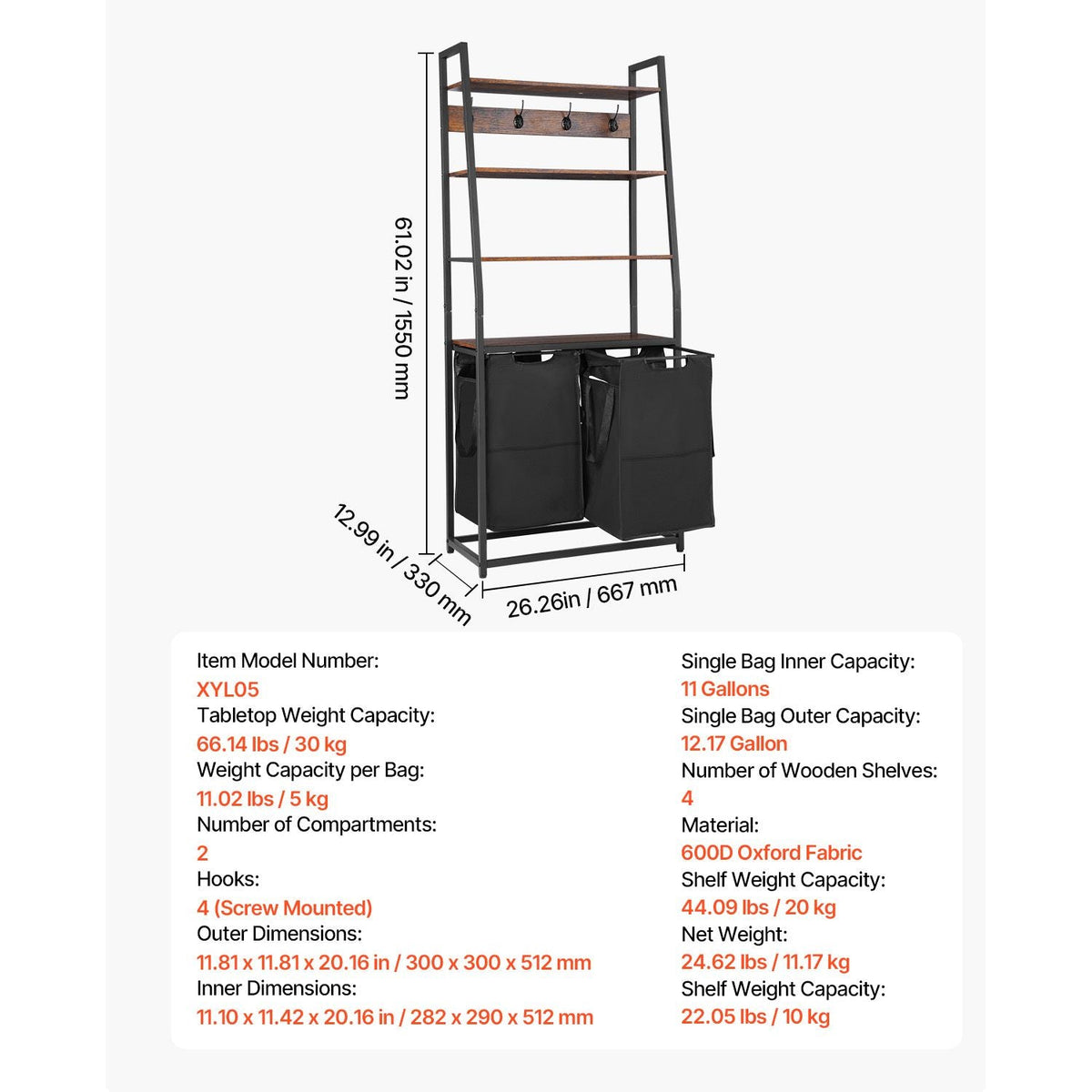 4 Tiers Laundry Sorter, Tall Laundry Hamper with Shelves and Hooks, 2 Section Freestanding Basket Organizer Storage with 600D Oxford Cloth Bags and Ladder Shelves for Dirty Clothes, Bathroom