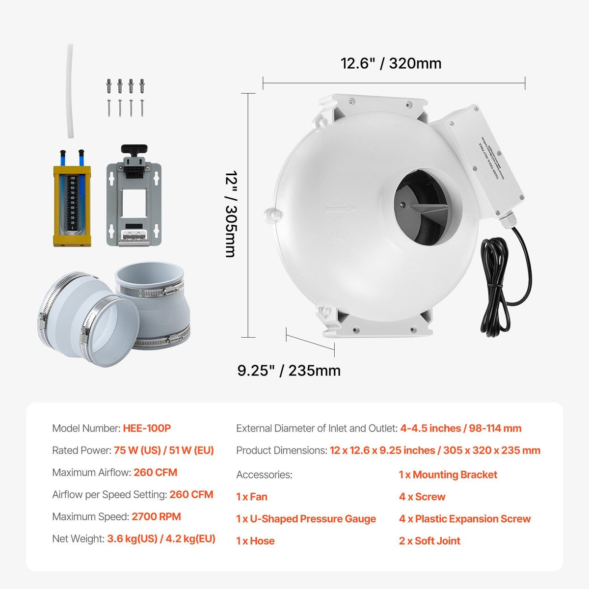 4 to 4.5 inch Radon Fan Installation Kit, Quiet 260CFM Radon Mitigation Fan System Kit with 2 Couplers, Pressure Indicator, Waterproof Inline Duct Fan Exhaust Fan for Indoor Outdoor Ventilation