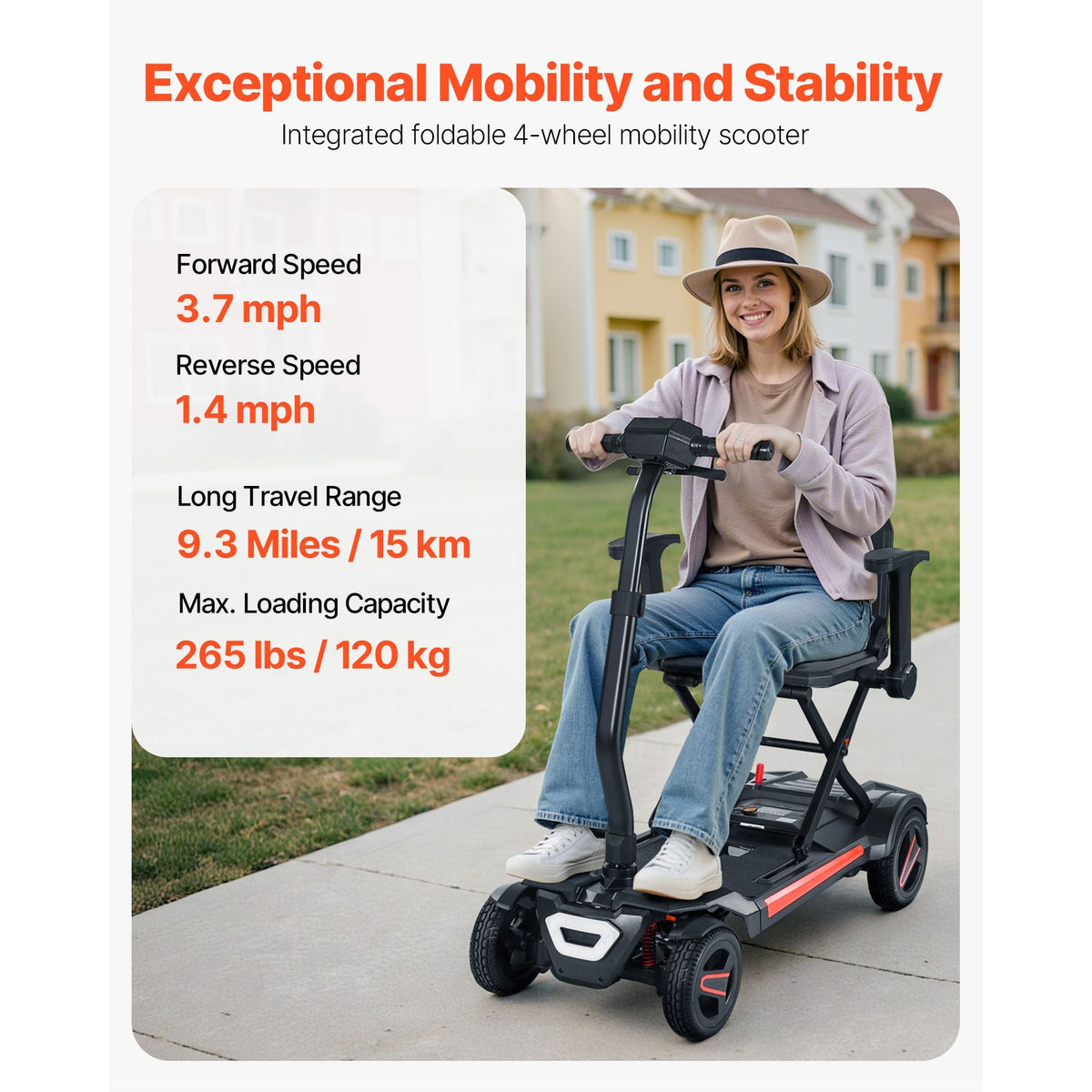 4-Wheel Electric Mobility Scooter for Adults & Seniors, Integrated Foldable Mobility Scooter with 9.3 Miles Long Range, All Terrain Travel Wheelchair with 9° Climbing Capacity & 265LBS Loading