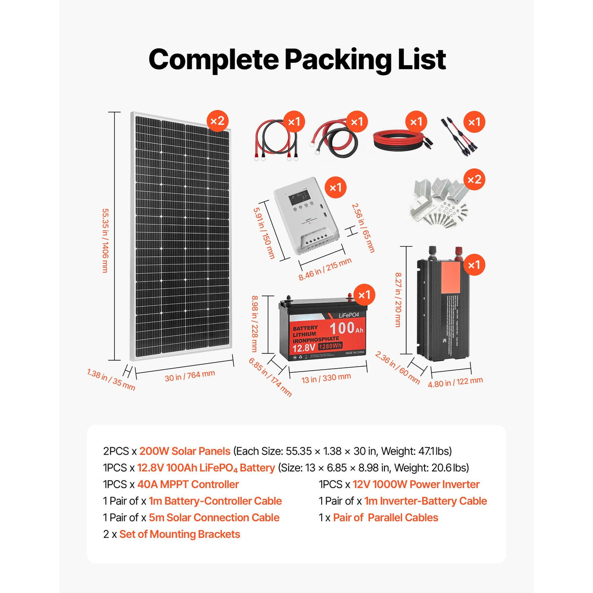 400W 12V Complete Solar Power Kit, 2PCS 200W Monocrystalline Solar Panels + 12.8V 100Ah LiFePO4 Battery + 40A MPPT Charge Controller + 1000W Power Inverter for RV Home Camping Boats Off-Grid