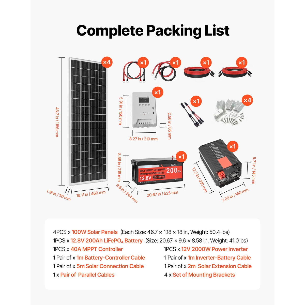 400W 12V Complete Solar Power Kit, 4PCS 100W Monocrystalline Solar Panels + 12.8V 200Ah LiFePO4 Battery + 40A MPPT Charge Controller + 2000W Power Inverter for RV Home Camping Boats Off-Grid