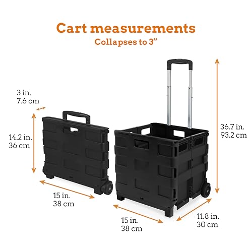Inspired Living Ultra-Slim Rolling Collapsible Storage Pack-N-Roll Utility-carts, with Telescopic Handle, for Home, Garden, Shopping, Office, School use, Medium, Black