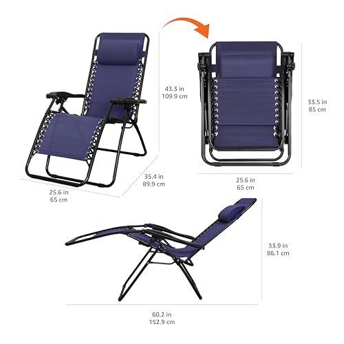Amazon Basics Outdoor Patio Zero Gravity Lounge Chair with Pillow, Folding Reclining and Textilene Adjustable, Folding Lounge Lawn Chairs for Outside, 26", Blue