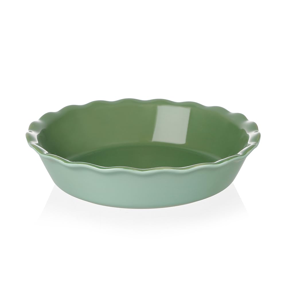 Sweejar Ceramic Pie Pan, 10 Inch Round Baking Dish, Non-Stick with Soft Wave Edge for Apple, Pumpkin, Pot Pies (Green)