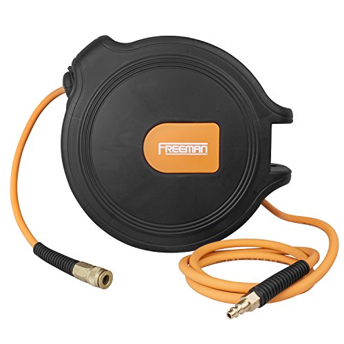 Freeman P1465CHR 1/4" x 65' Compact Retractable Air Hose Reel with Brass Fittings, Mounting Bracket, and Lead Hose