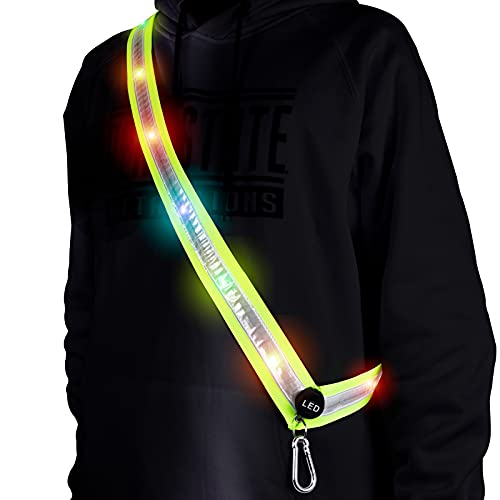 OLIKER LED Night Running Gear High Visibility LED Flashing Sash Outdoor Running Cycling Hiking Jogging Rechargeable Illuminating Gear for Men and Women Night Safety Walking Gear (Green Short Size)