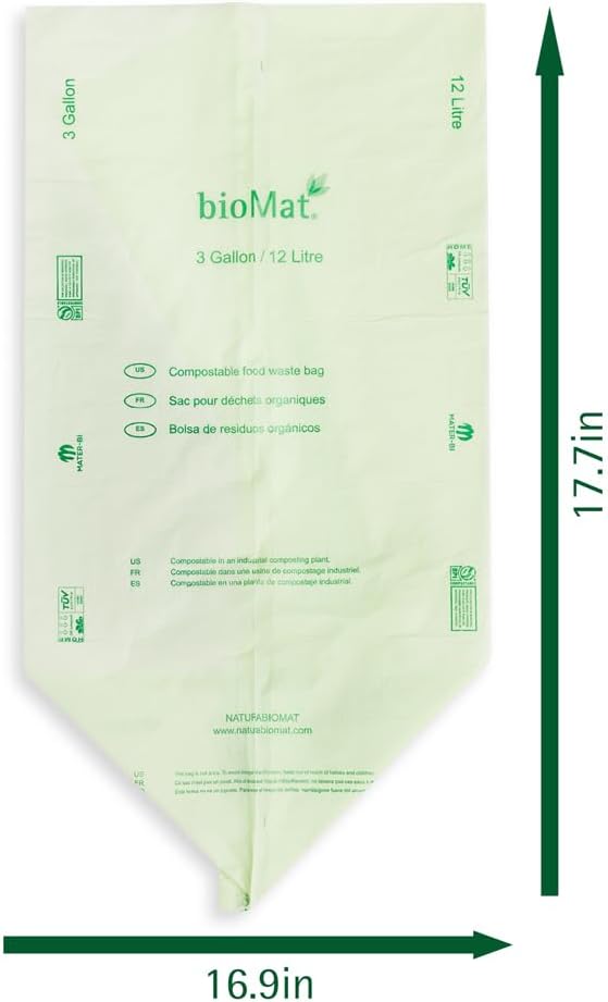 bioMat 3 Gallon Compost Bags, 125 Count, Compostable Trash Bags for Kitchen Compost Bin, BPI ASTM D6400 and CMA Certified Biodegradable Trash Bags
