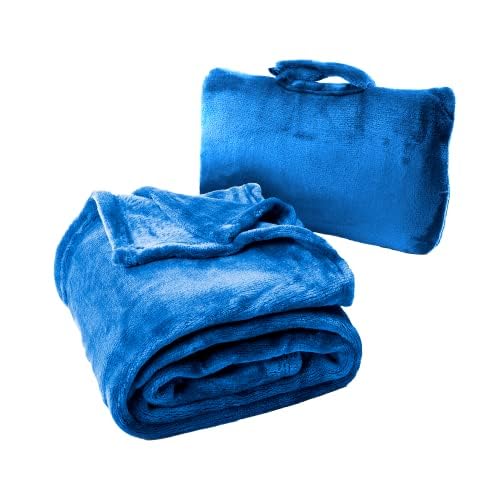Cabeau Fold ‘N Go Travel Blanket Doubles as Neck Support Pillow, Versatile Lumbar Support Cushion, with Compact Travel Case - French Microfiber (Blue)