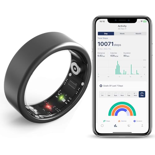 OULENCU 2024 Smart Ring, Health Tracker, Fitness Smart Ring, Bluetooth 5.0 Heart Rate Monitor, Activity Tracker, Sleep Monitor, Blood Oxygen Monitor, Calorie Tracker (Black, #6-16.5mm)