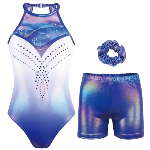 JOYSTREAM Gymnastics Leotards for Girls With Shorts Sparkly Ballet Dance Clasp Back Activewear Royalblue Necklace,6-7Years