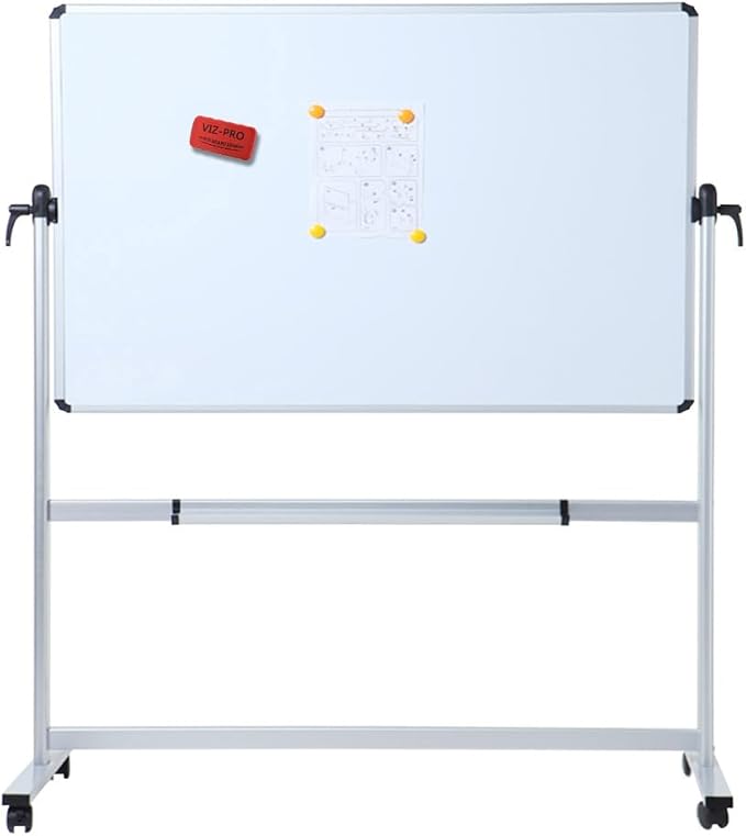 VIZ-PRO Double-Sided Magnetic Mobile Whiteboard, 48 x 36 Inches, Aluminium Frame and Stand