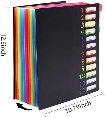 24 Clear Pocket Expanding File Folder with 12 Colored Tabs,Durable A4 Letter Size Organizer,Holds 300 Sheets, Project File Organizer, Numbered Index on Cover,Water-Resistant (Black)