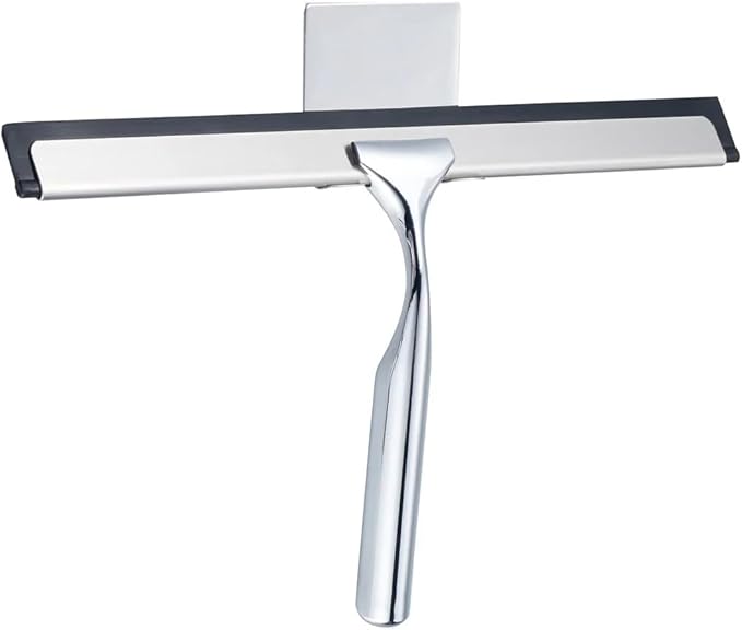 J&V TEXTILES All-Purpose Stainless Steel Shower Squeegee for Glass Doors with Adhesive Hooks, Squeegee for Shower Glass, Bathroom Household Cleaner Tool, 10 Inch (Silver)