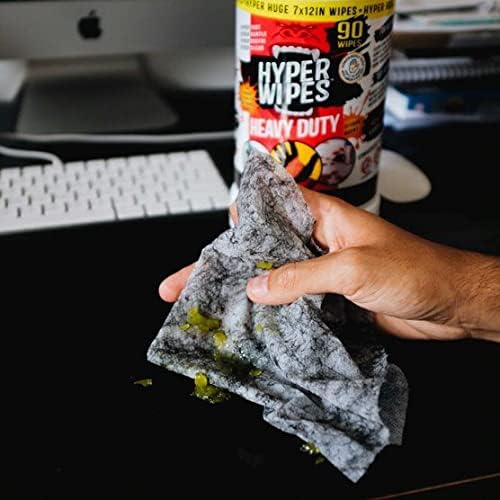 Hyper Wipes, 2 Pack Heavy Duty Hand & Tool Cleaning Wipes, 8"x12" Size Multi-Surface Cleaning Wipes, Degreasing, All Purpose Cleaner, Bathroom, Mechanic, Work Surface Wipes, 180 Count Canister