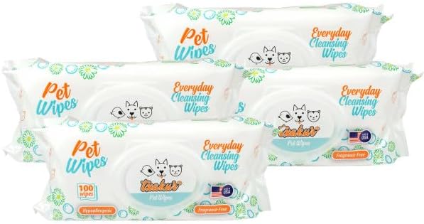 Txakur pet Wipes for Dogs and Cats Hypoallergenic Natural Products for Cleansing from Nose to Tail 400ct 8x7in Wipes in Packs of 100 Wipes Perfect for Grooming and Cleaning Made in The USA