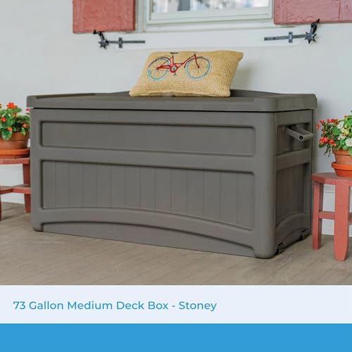 Suncast 73 Gallon Indoor/Outdoor Medium Deck Storage Box, 46"L x 23.62"W x 25.5"H, Stoney