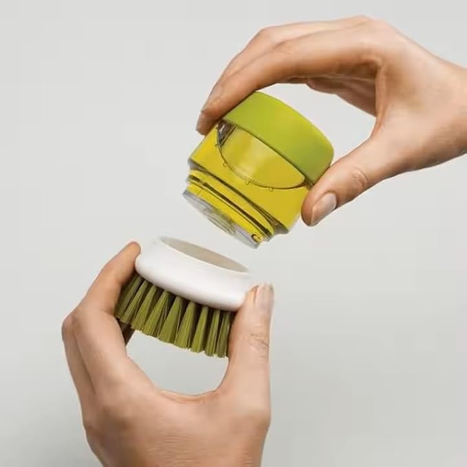 Soap Dispenser Palm Dish Brush with Storage Bracket – Drainage Base, Easy-to-Clean Kitchen Utensil Cleaner | Includes Extra Soft Bristle Brush (Green)
