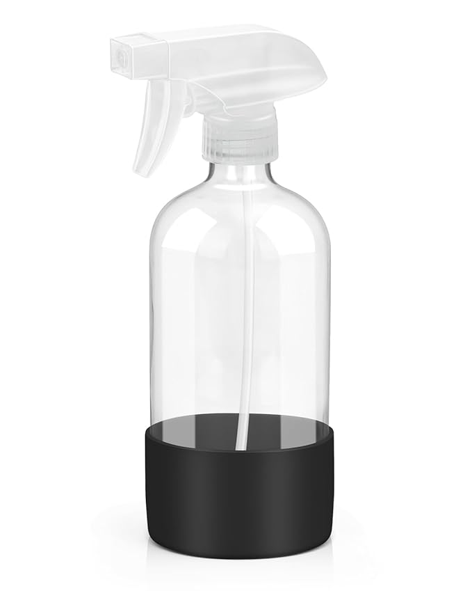 Glass Spray Bottles with Silicone Sleeve Protection, Empty 16OZ Reusable Spray Bottles, Refillable Containers with Spray Nozzles for Cleaning Solutions, Plants and Essential Oils 1 Pack Black