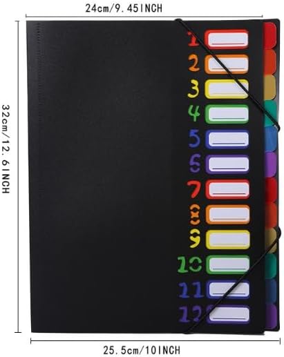 24 Clear Pocket Expanding File Folder with 12 Colored Tabs,Durable A4 Letter Size Organizer,Holds 300 Sheets, Project File Organizer, Numbered Index on Cover,Water-Resistant (Black)