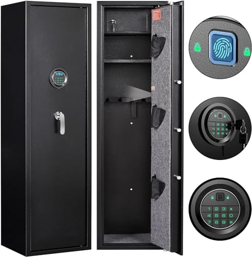 Marcree Biometric Fingerprint Rifle Gun Safe, Quick Access 5-Gun Cabinet Fingerprint Long Gun Safe, Gun Safes for Rifles and Shotguns with Mute Function, 3 Pistol Bags, Pistol Lock Box