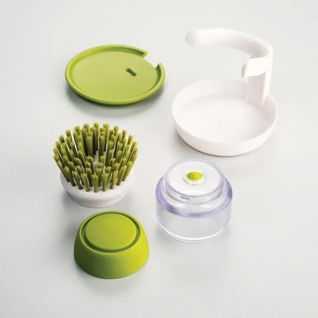 Soap Dispenser Palm Dish Brush with Storage Bracket – Drainage Base, Easy-to-Clean Kitchen Utensil Cleaner | Includes Extra Soft Bristle Brush (Green)