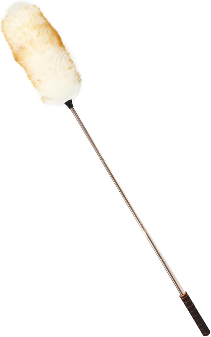 Lambs Wool Extendable Household Cleaning Duster 64" Wall Duster Cleaner with Stainless Steel Long Handle and Extension Pole for Cleaning High Ceiling Fan Interior Roof, Yellow&White