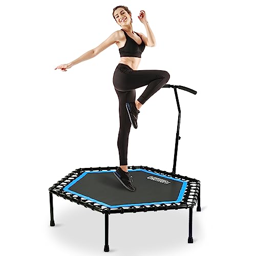 ONETWOFIT 48" Silent Mini Trampoline with Adjustable Handle Bar Fitness Trampoline Bungee Rebounder Jumping Cardio Trainer Workout for Adults Blue