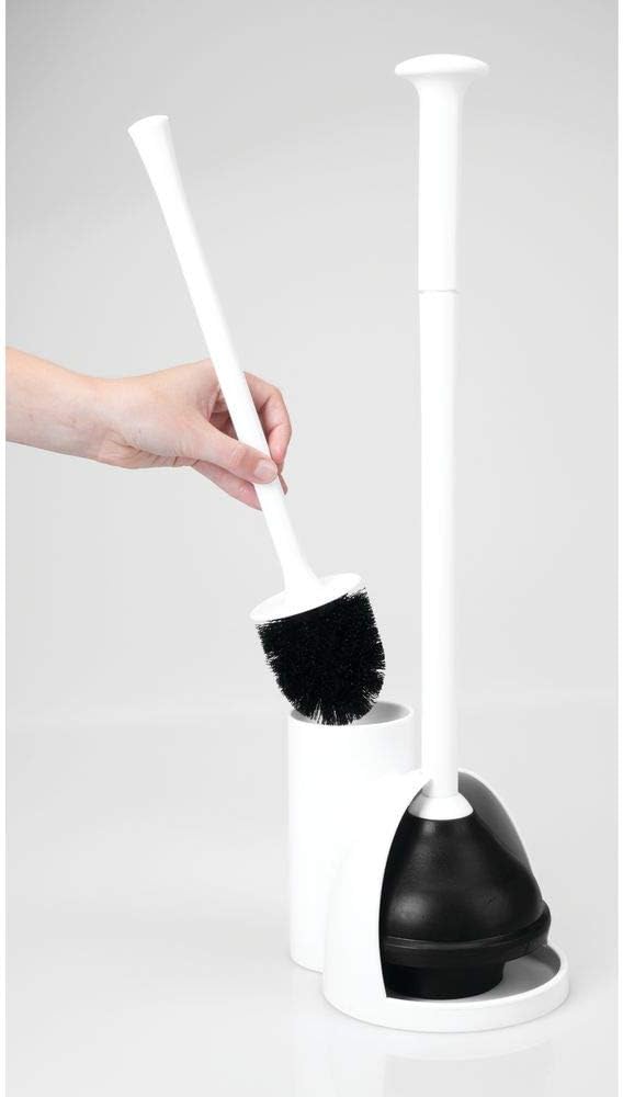 mDesign Hidden Plunger and Brush Set for Toilet Bowl - Combo with Holder Caddy - Modern Toilet Brush and Plunger Set - Aura Collection - White