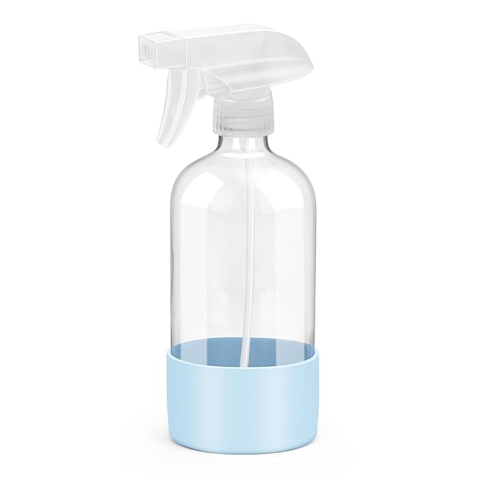 Glass Spray Bottles with Silicone Sleeve Protection, Empty 16 oz Refillable Containers, Reusable Spray Bottles with Adjustable Nozzle for Hair, Cleaning Solutions, Essential Oils 1 Pack Blue