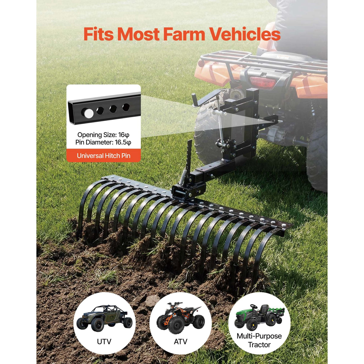 42 in Tow Behind Landscape Rake, 3-Point Lawn Rock Rake with Blade & Lift Lever, Fit Category 1 ATVs UTVs Lawn Tractors, Heavy Duty Dethatcher Rake for Debris Leaves Thatch