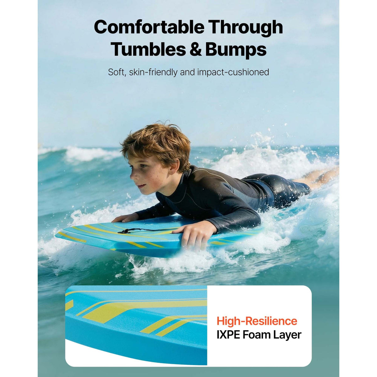 42-Inch Bodyboard, Body Board Trainer with EPS Foam Core & Wrist Leash, UV-Resistant Beach Bodyboard for Beginners, Youth Up to 180 lbs