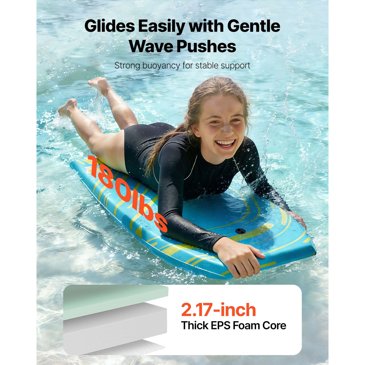 42-Inch Bodyboard, Body Board Trainer with EPS Foam Core & Wrist Leash, UV-Resistant Beach Bodyboard for Beginners, Youth Up to 180 lbs