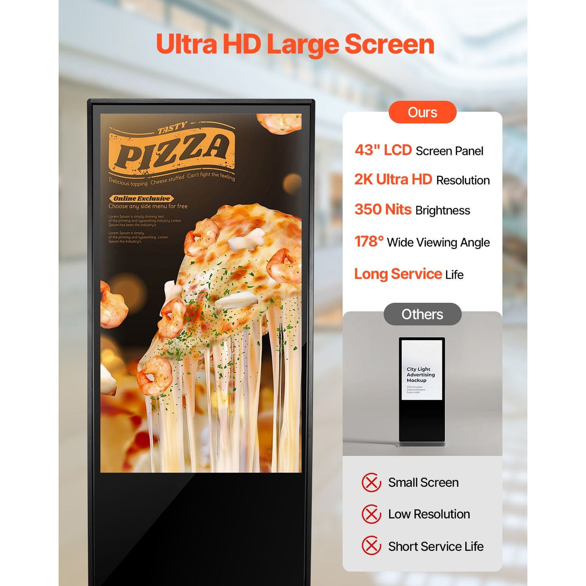 43 Inch Digital Signage Display, Non-touchscreen Digital Kiosk, Indoor Floor Standing Kiosk Display, 2K UHD LCD Screen, 2GB RAM & 32GB ROM, with WiFi HDMI/USB Input, Advertising Display
