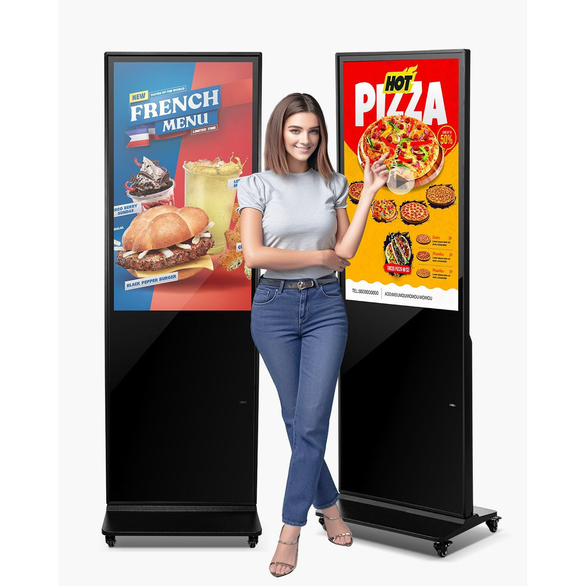 43 Inch Digital Signage Display, Non-touchscreen Digital Kiosk, Indoor Floor Standing Kiosk Display, 2K UHD LCD Screen, 2GB RAM & 32GB ROM, with WiFi HDMI/USB Input, Advertising Display