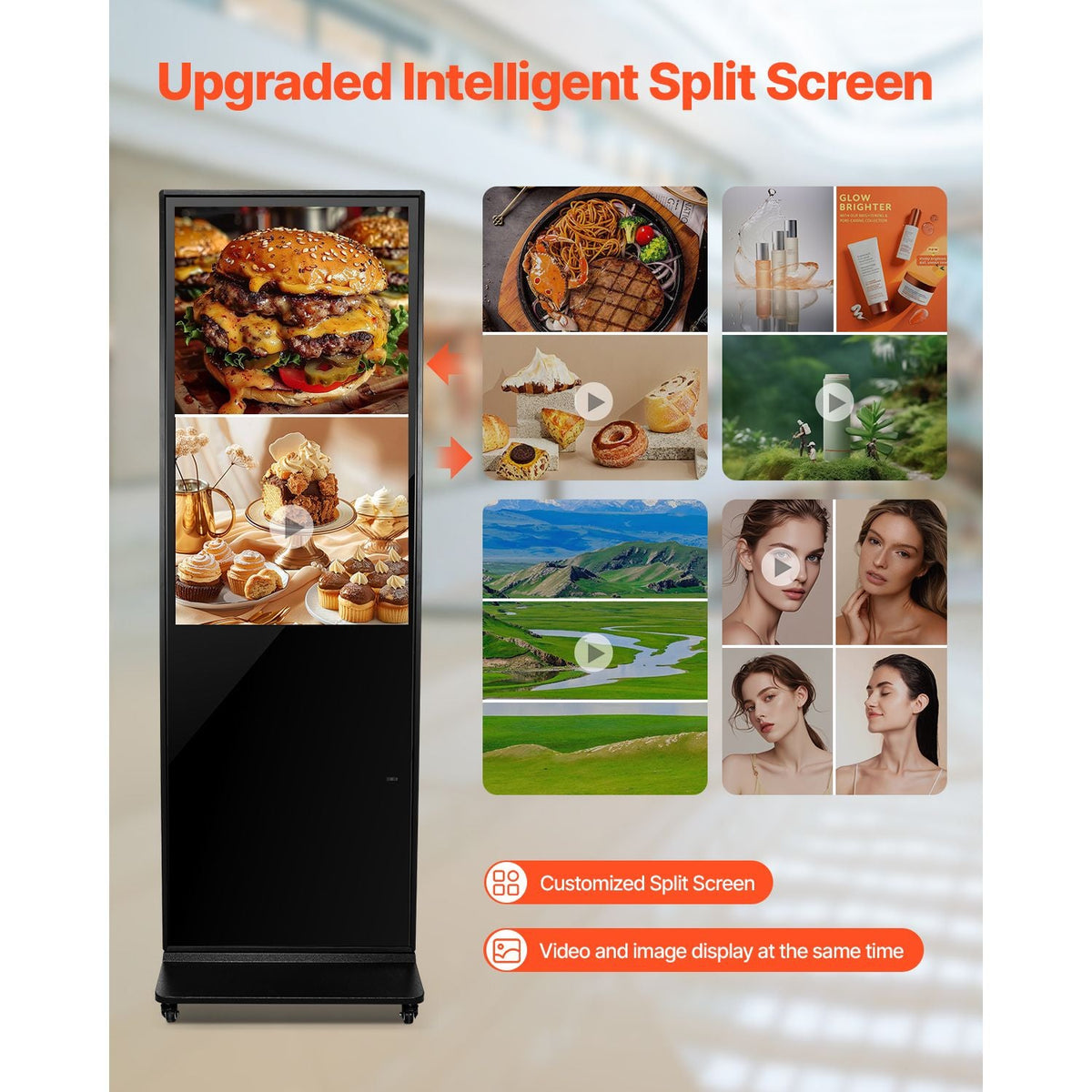 43 Inch Digital Signage Display, Non-touchscreen Digital Kiosk, Indoor Floor Standing Kiosk Display, 2K UHD LCD Screen, 2GB RAM & 32GB ROM, with WiFi HDMI/USB Input, Advertising Display